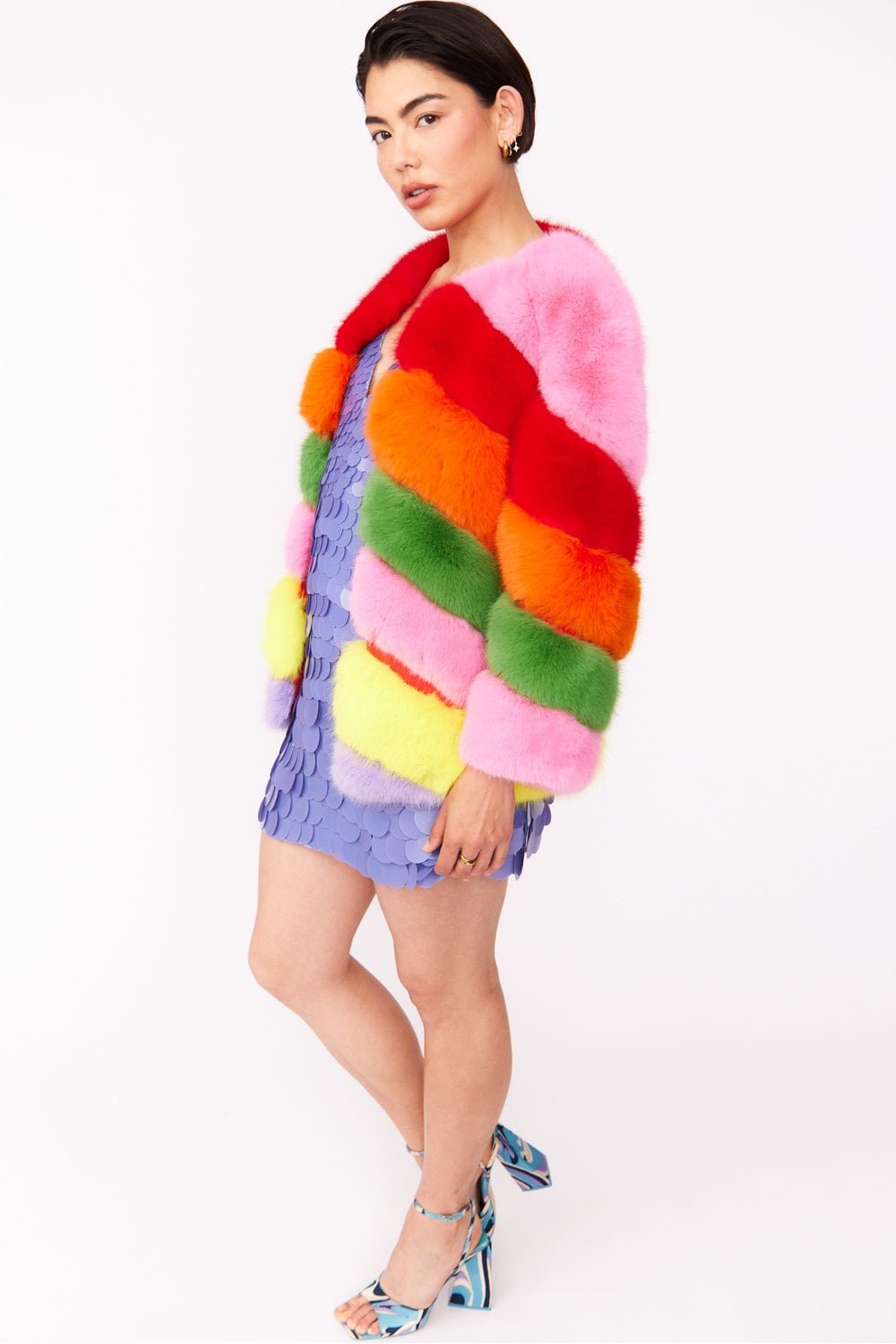 Gaga Faux Fur Striped Rainbow Coat