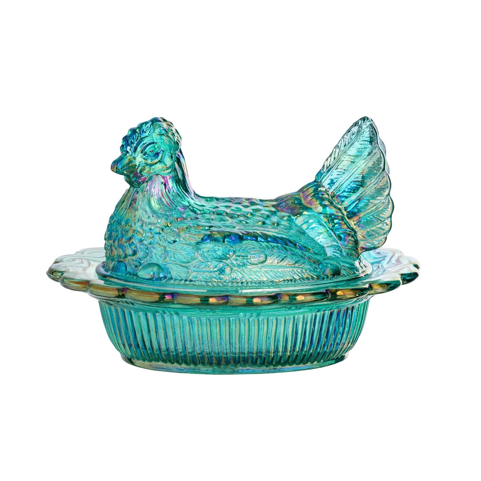 Covered Hen Dish in Teal Luster