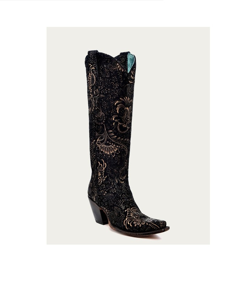 WOMEN'S GOLD STAMPED FLORAL BLACK SUEDE SNIP TOE COWBOY BOOT