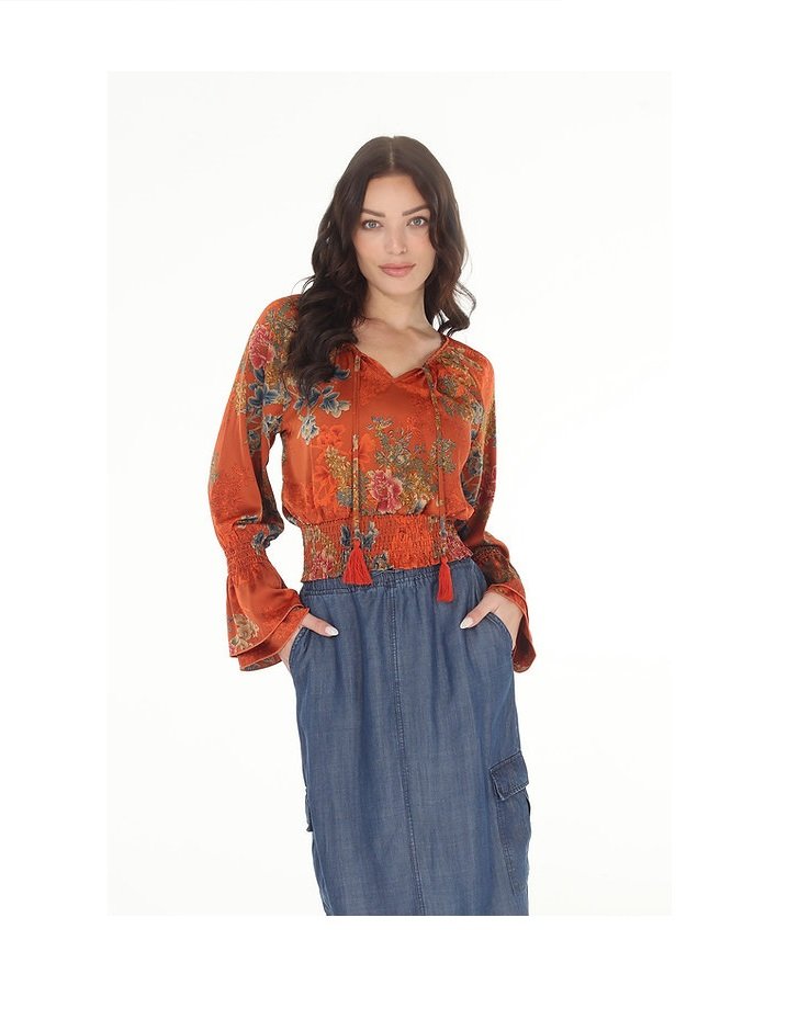 Satin Print Smock Trim Blouse