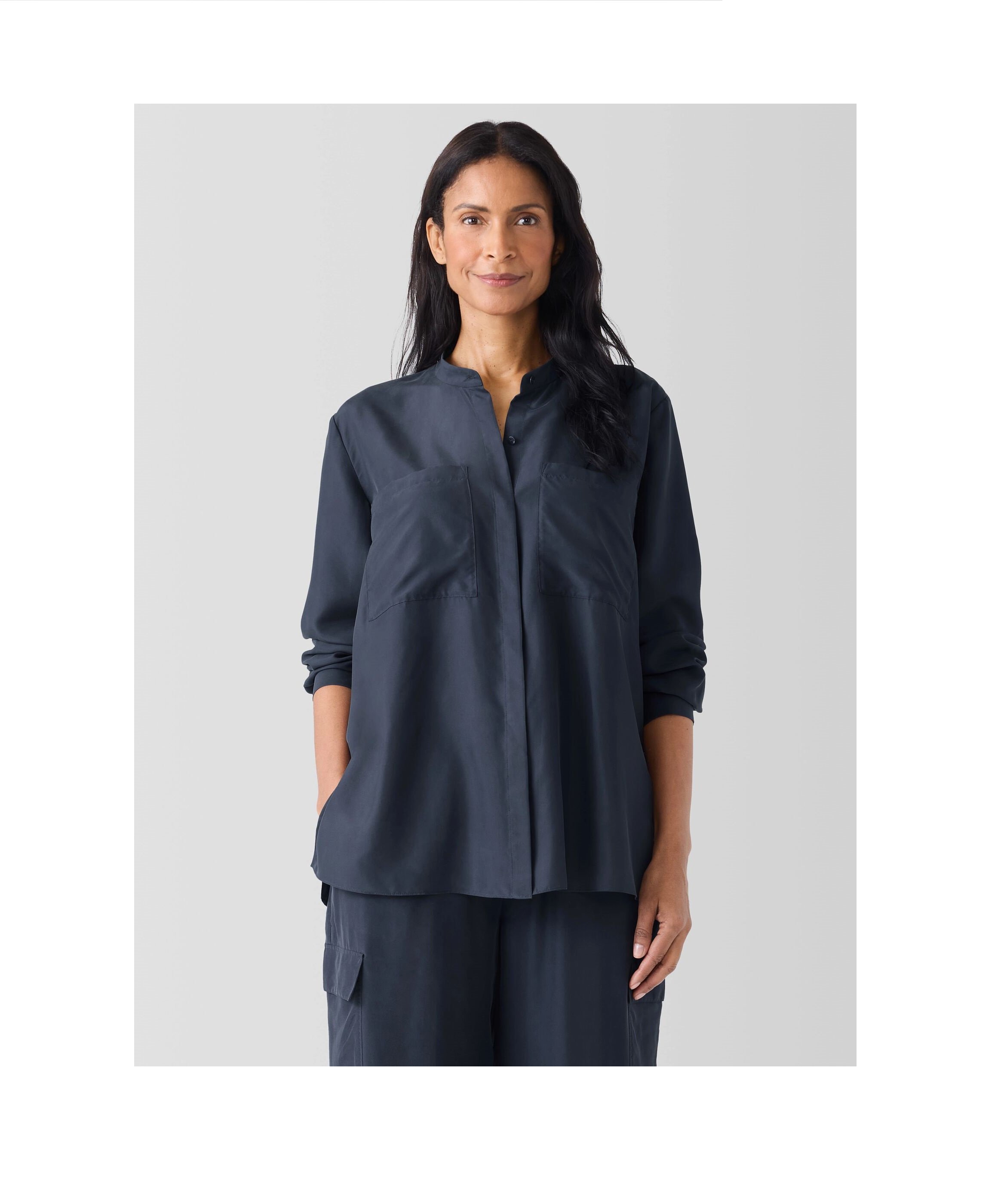 Washed Silk Band Collar Shirt
