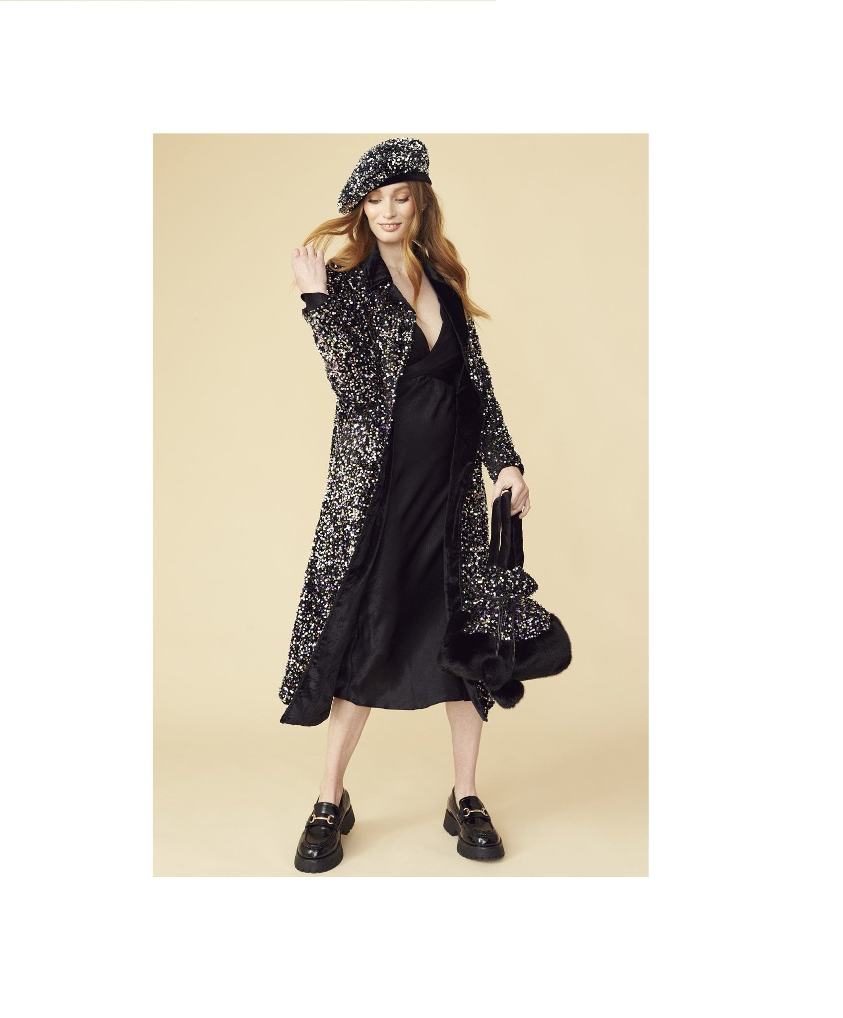 Black Sequin Velvet Trench Coat