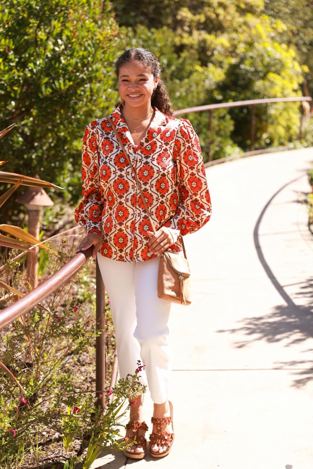 Going To California Poppy Flower Pouf Sleeve Button Up Blouse