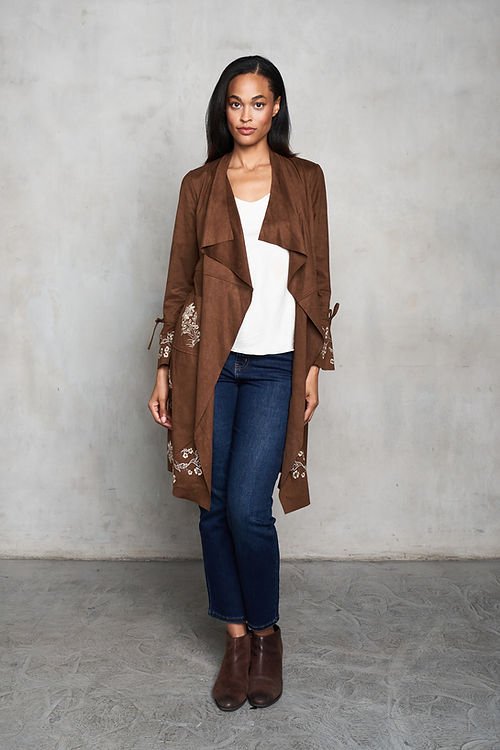 Faux Suede Embroidered Open Front Mid-Length Jacket